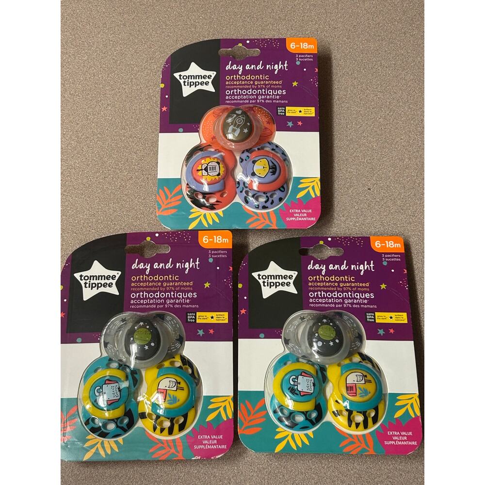Tommee Tippee Day and Night Orthodontic Pacifiers, 6-18 Months lot of 3 packs